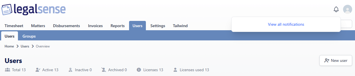 Notification bell popover state for no notifications, showing the link View all notifications.