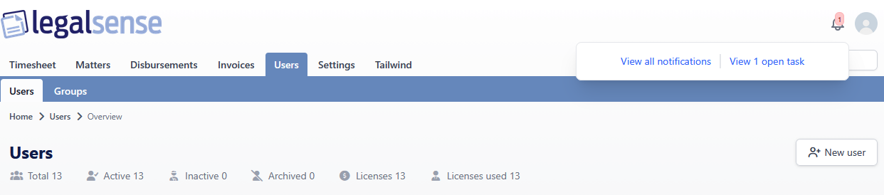 Notification bell popover showing notifications plus a bottom link card with notification and task counts.