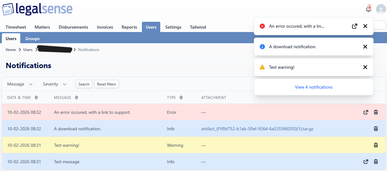 Notification Center page with the bell popover open, including the View 4 notifications link and table rows with message type and attachment columns.