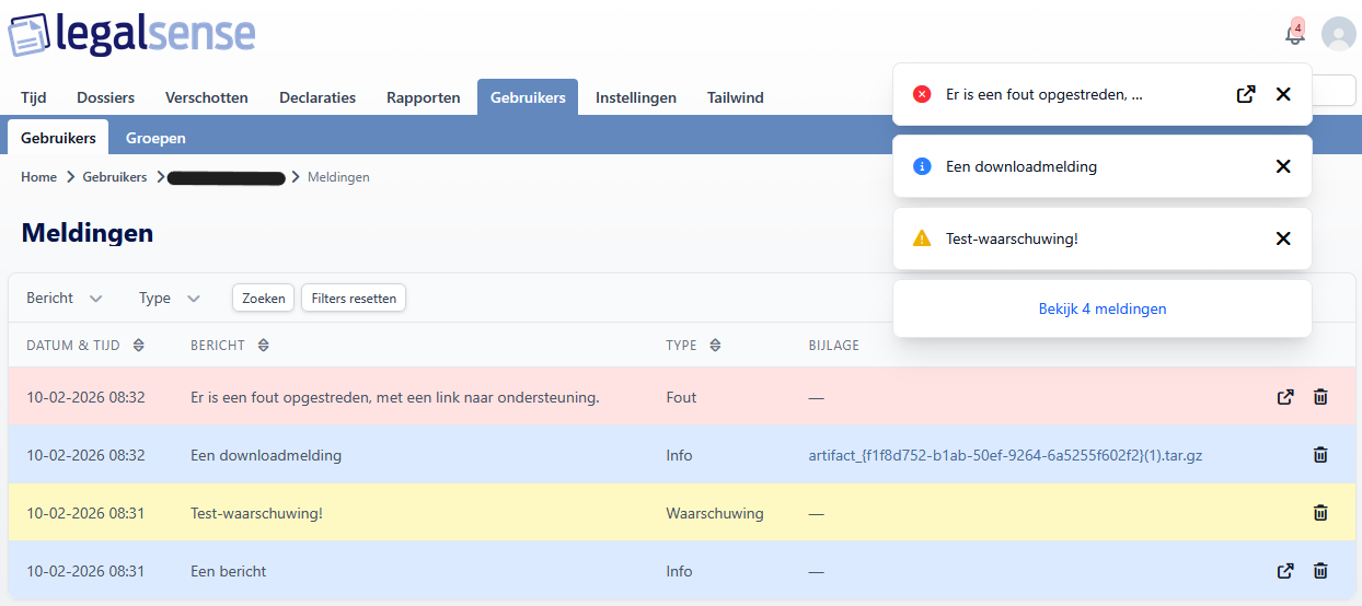 Meldingencentrum met open meldingen-popover, inclusief link om alle meldingen te bekijken en tabel met kolommen voor type en bijlage.