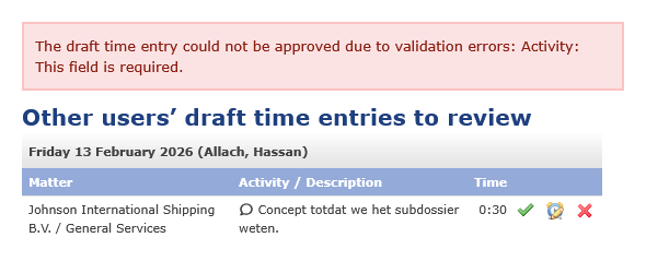 Timesheet page showing a validation error that draft approval failed because required data is missing.