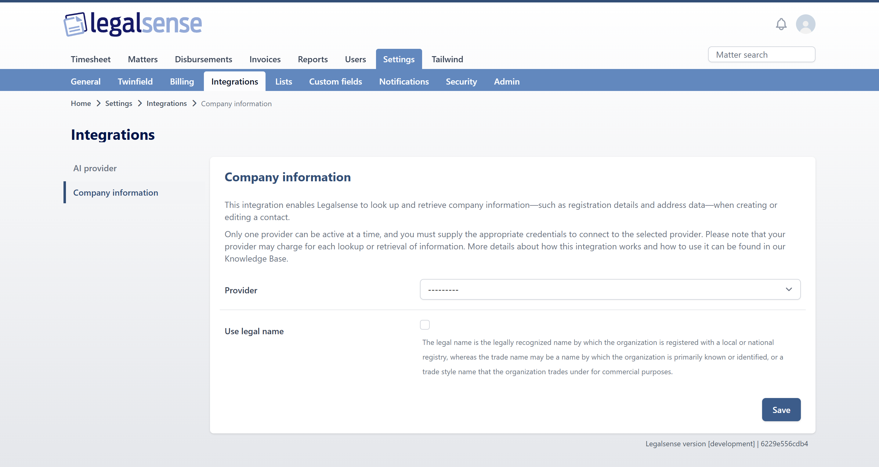 The Company information configuration page in Legalsense, showing the Provider dropdown and the Use legal name checkbox.