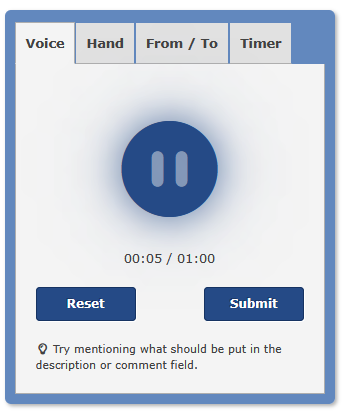 Close-up of the Voice tab in Legalsense while a recording is in progress, showing a highlighted microphone button, the elapsed recording time, and the Reset and Submit buttons below.