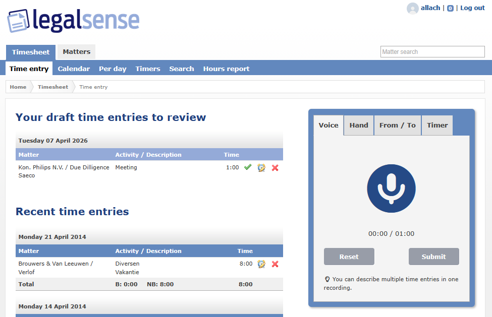 Legalsense Timesheet page showing the Voice tab in the time entry input section on the right, with a microphone button, timer, Reset and Submit buttons, and draft time entries visible on the left.
