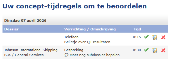 Pagina Tijd schrijven met de sectie Uw concept-tijdregels om te beoordelen, inclusief conceptregels met beschikbare actiepictogrammen.