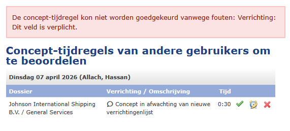 Pagina Tijd schrijven met een validatiefout die aangeeft dat goedkeuren van een concept-tijdregel is mislukt omdat verplichte gegevens ontbreken.