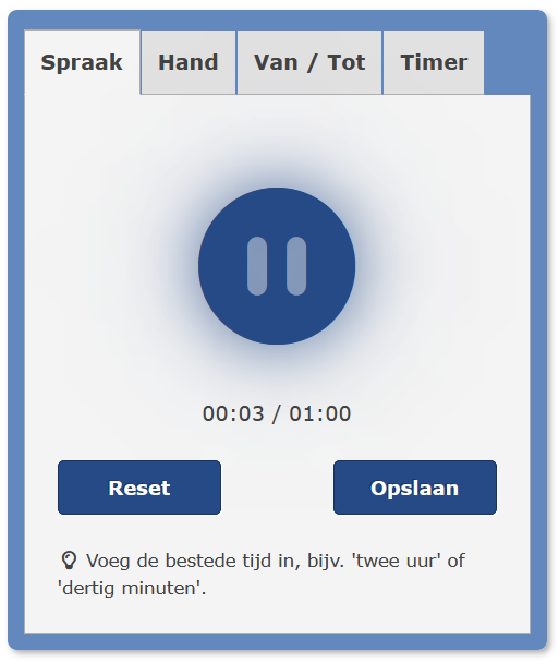Close-up van het tabblad Spraak in Legalsense terwijl een opname bezig is, met een gemarkeerde microfoonknop, de verstreken opnametijd en de knoppen Opnieuw instellen en Opslaan eronder.