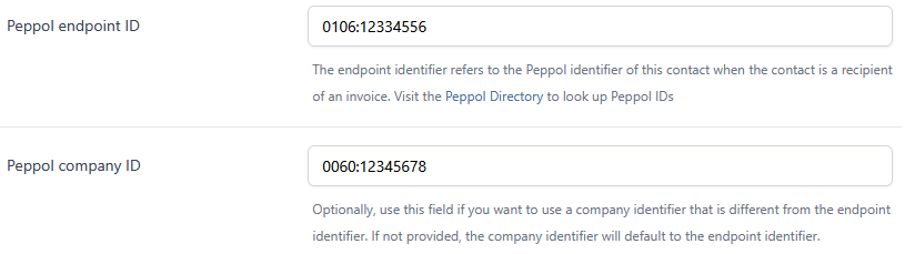 Contact edit form showing the Peppol endpoint ID field with value "0106:12334556" and the Peppol company ID field with value "0060:12345678".