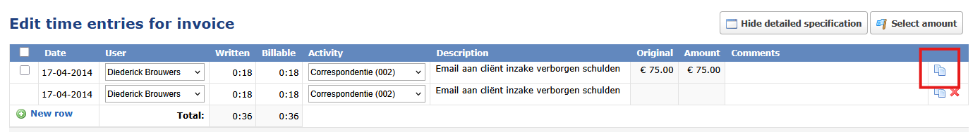 The edit time entries view on an invoice, showing two rows for the same entry. The copy icon on the right side of the second row is highlighted with a red border, indicating the button used to duplicate an existing time entry.