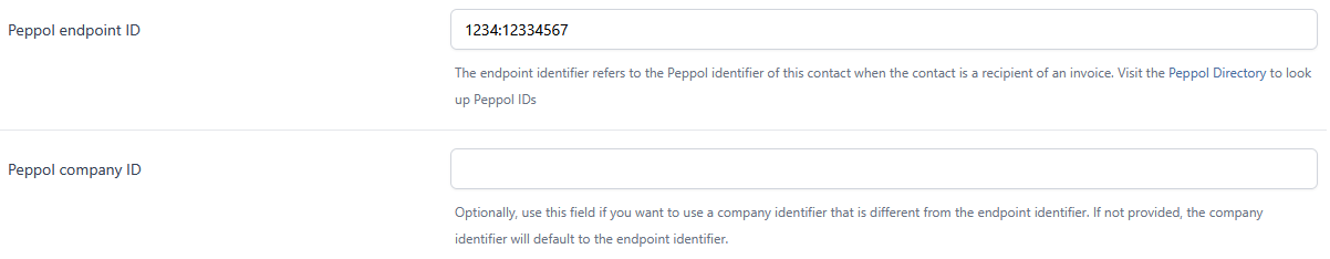 The Peppol endpoint ID and Peppol company ID fields on a debtor contact form. The endpoint ID field shows the example value '1234:12334567' with help text explaining it is the routing identifier. The company ID field is empty, with help text explaining it is optional and defaults to the endpoint ID when not provided.