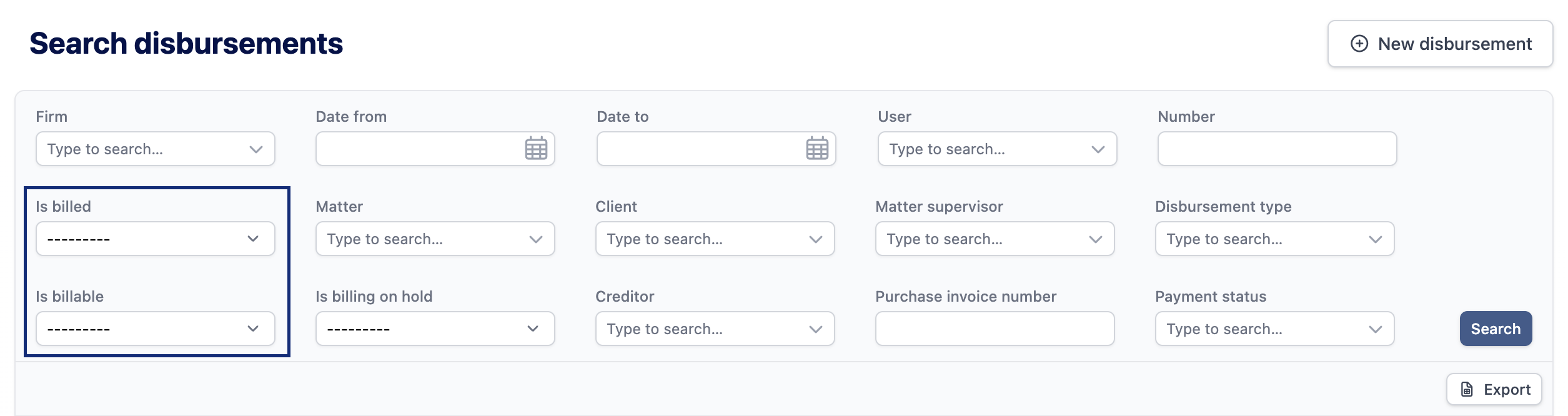 The disbursement search form. The Is billed and Is billable filter fields are outlined and show an empty default value.
