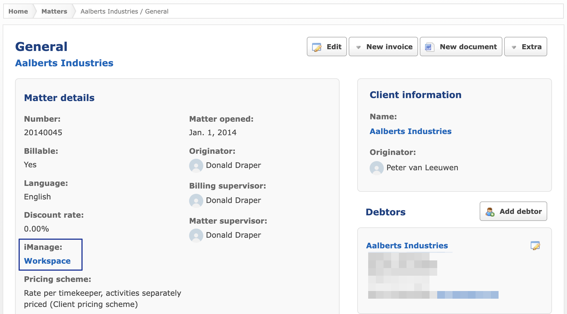 The matter detail page. The iManage section is outlined and shows a clickable Workspace link.