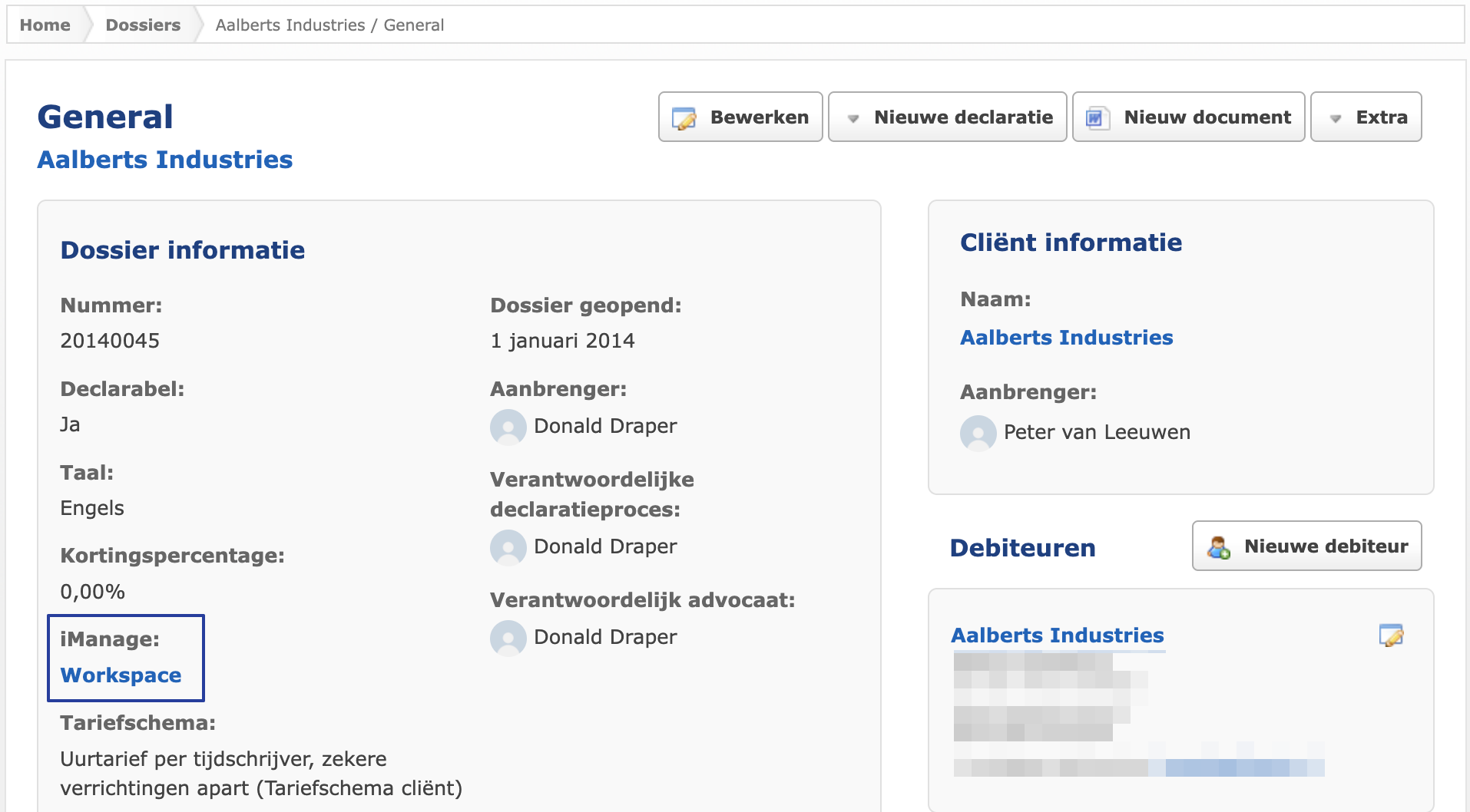 De dossierdetailpagina van Aalberts Industries. De iManage-sectie is omkaderd en toont een klikbare Workspace-link.