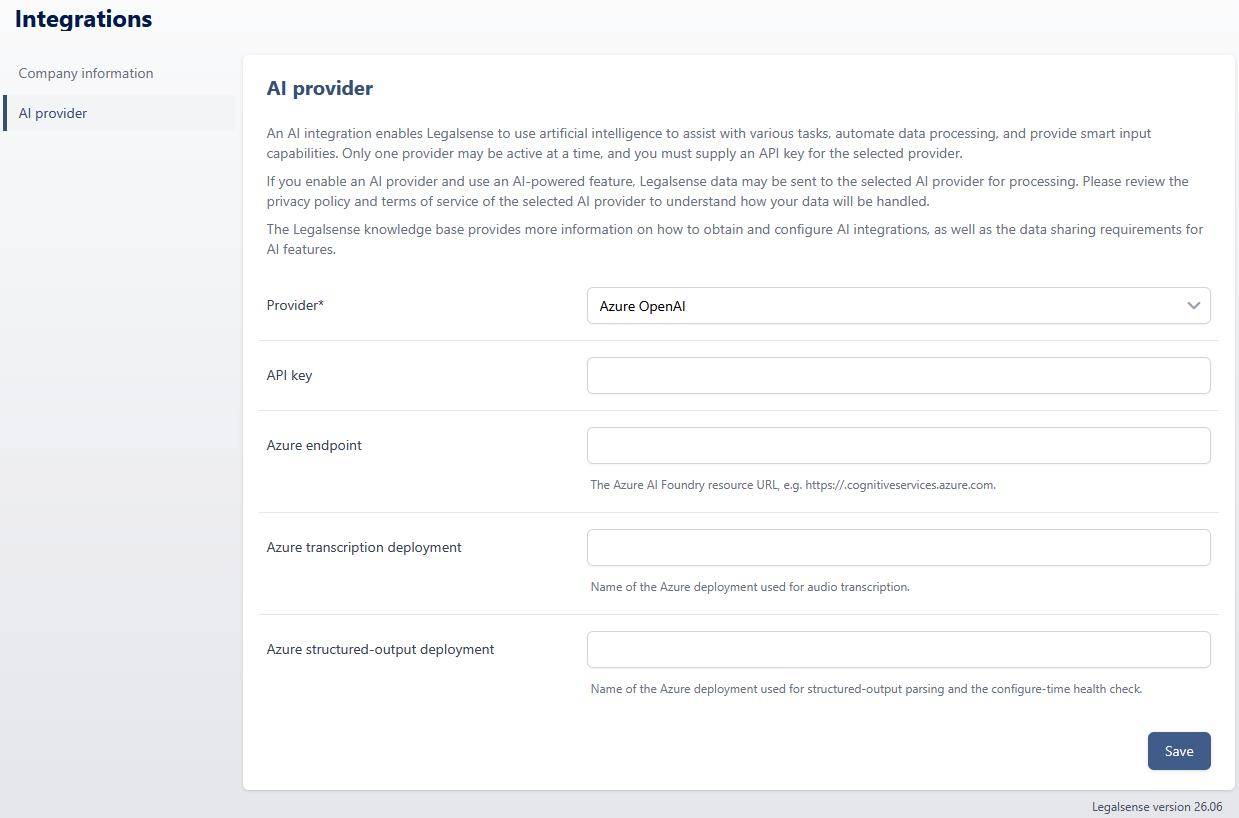 The Legalsense AI provider settings page with Provider set to Azure OpenAI, showing the API key, Azure endpoint, and Azure deployment-name fields.