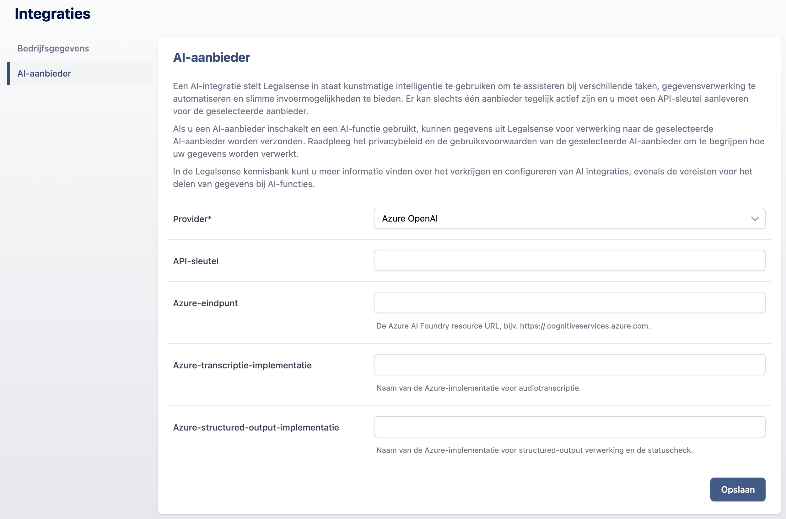 De AI-providerpagina met Azure OpenAI geselecteerd en de bijbehorende endpoint- en deploymentvelden.