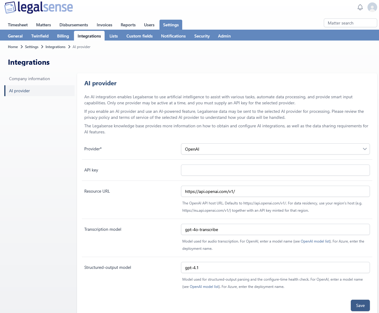Legalsense Settings page on the Integrations tab, showing the AI provider configuration form with OpenAI selected, the API key field filled, and a success message that the settings were saved.