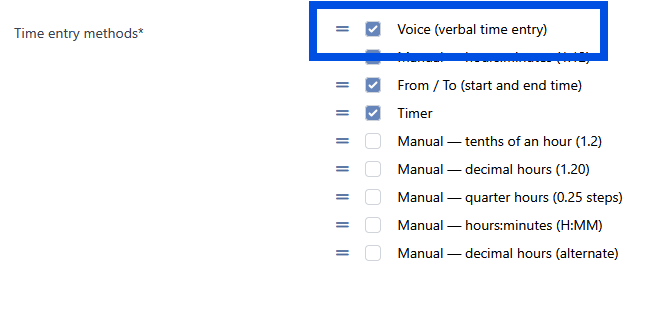 The Time entry methods setting under Settings, General, System, with the Voice (verbal time entry) option checked and highlighted.