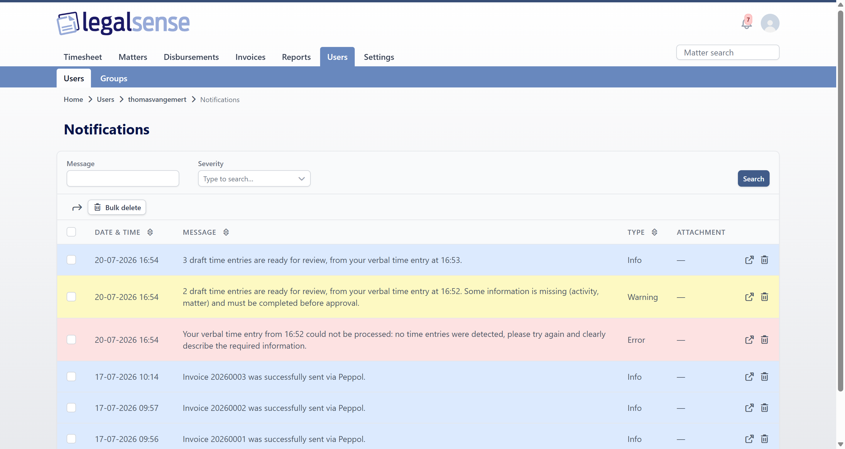 Legalsense Notifications page listing three verbal time entry notifications: a blue Info notification that draft time entries are ready for review, a yellow Warning notification that some information is missing and must be completed before approval, and a red Error notification that the recording could not be processed.