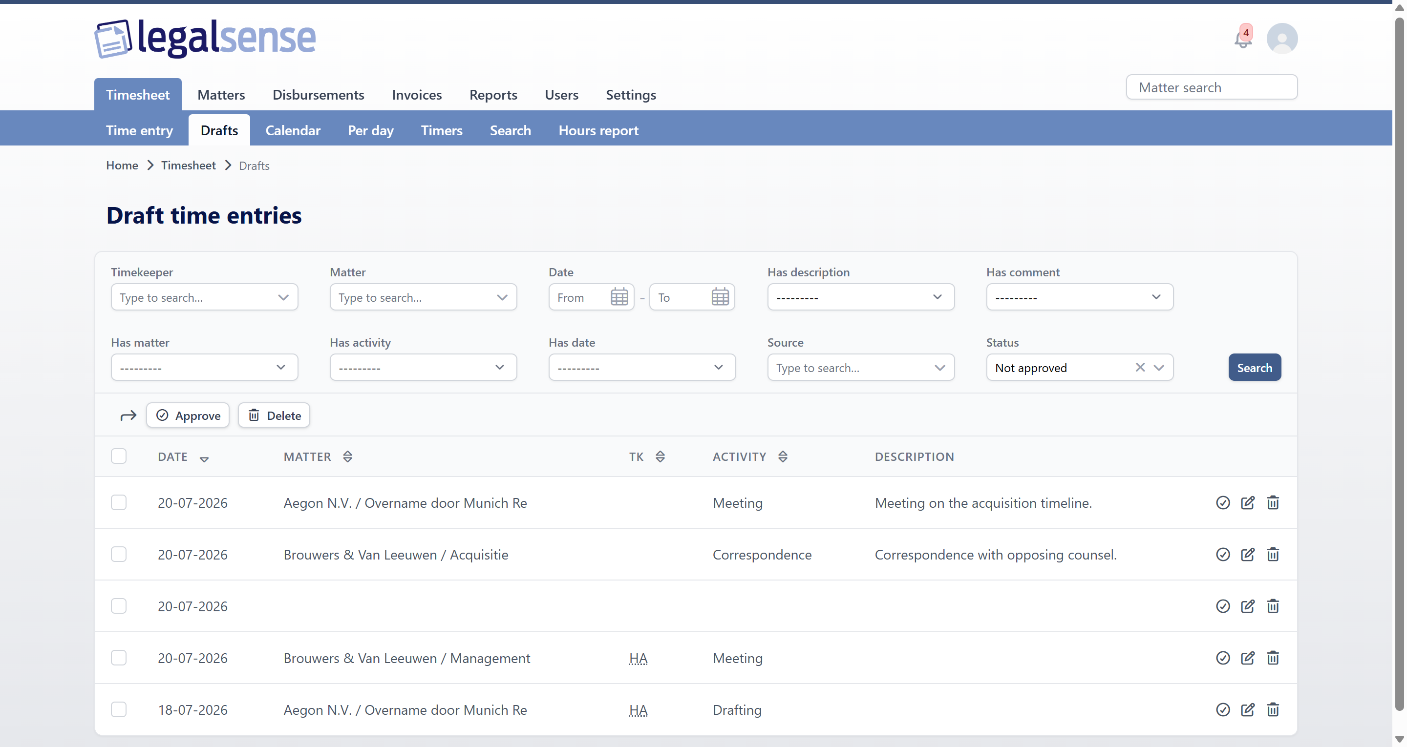 The Drafts page in the Timesheet, showing a filter bar and a table of draft time entries with date, matter, timekeeper, activity, and description columns, bulk Approve and Delete buttons, and per-row approve, edit, and delete icons.