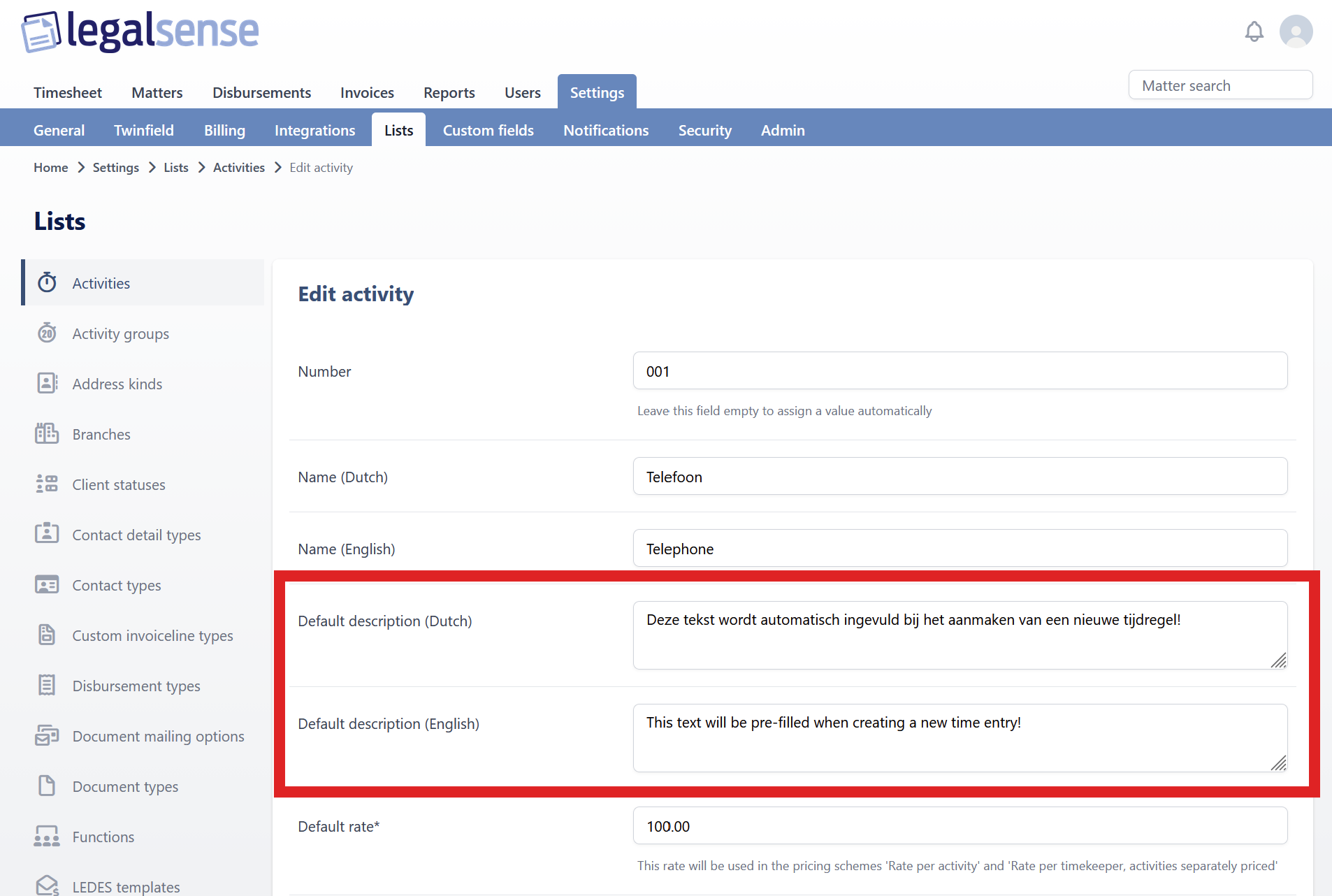 The Edit activity screen under Settings → Lists, with the Default description (Dutch) and Default description (English) fields highlighted.