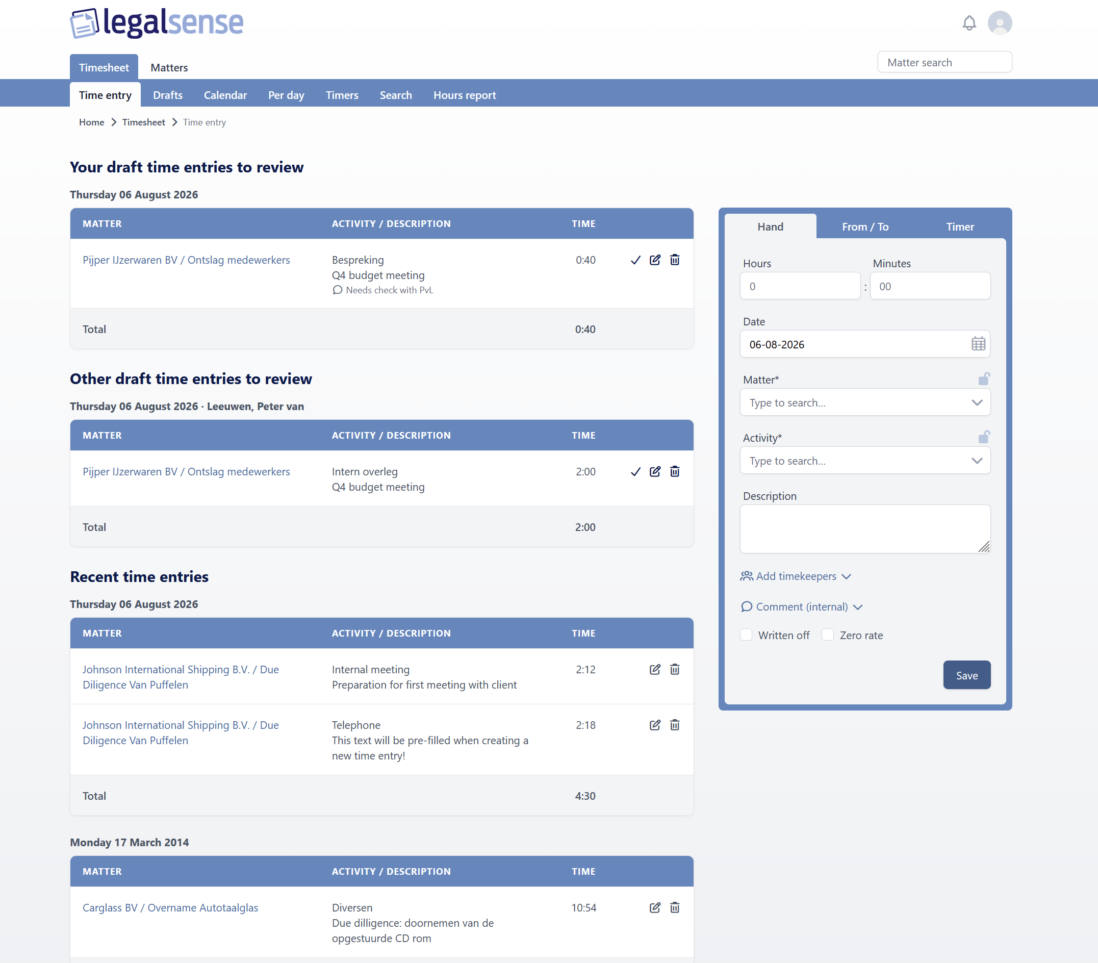 The Time entry page in its new styling, with draft time entries to review, recent time entries, and the entry form alongside.