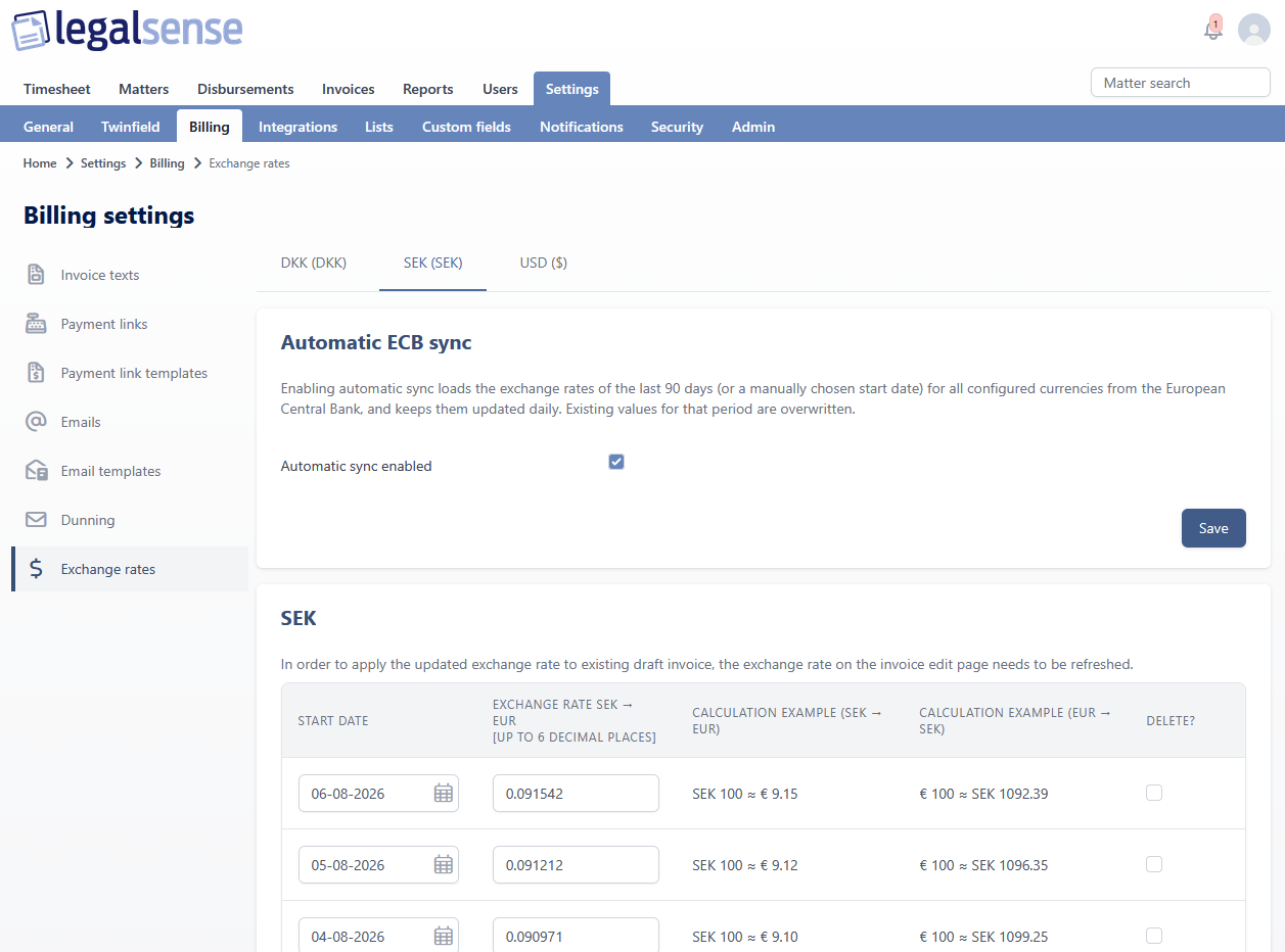 The Exchange rates page in Billing settings, with Automatic ECB sync enabled and the daily SEK rates listed below.