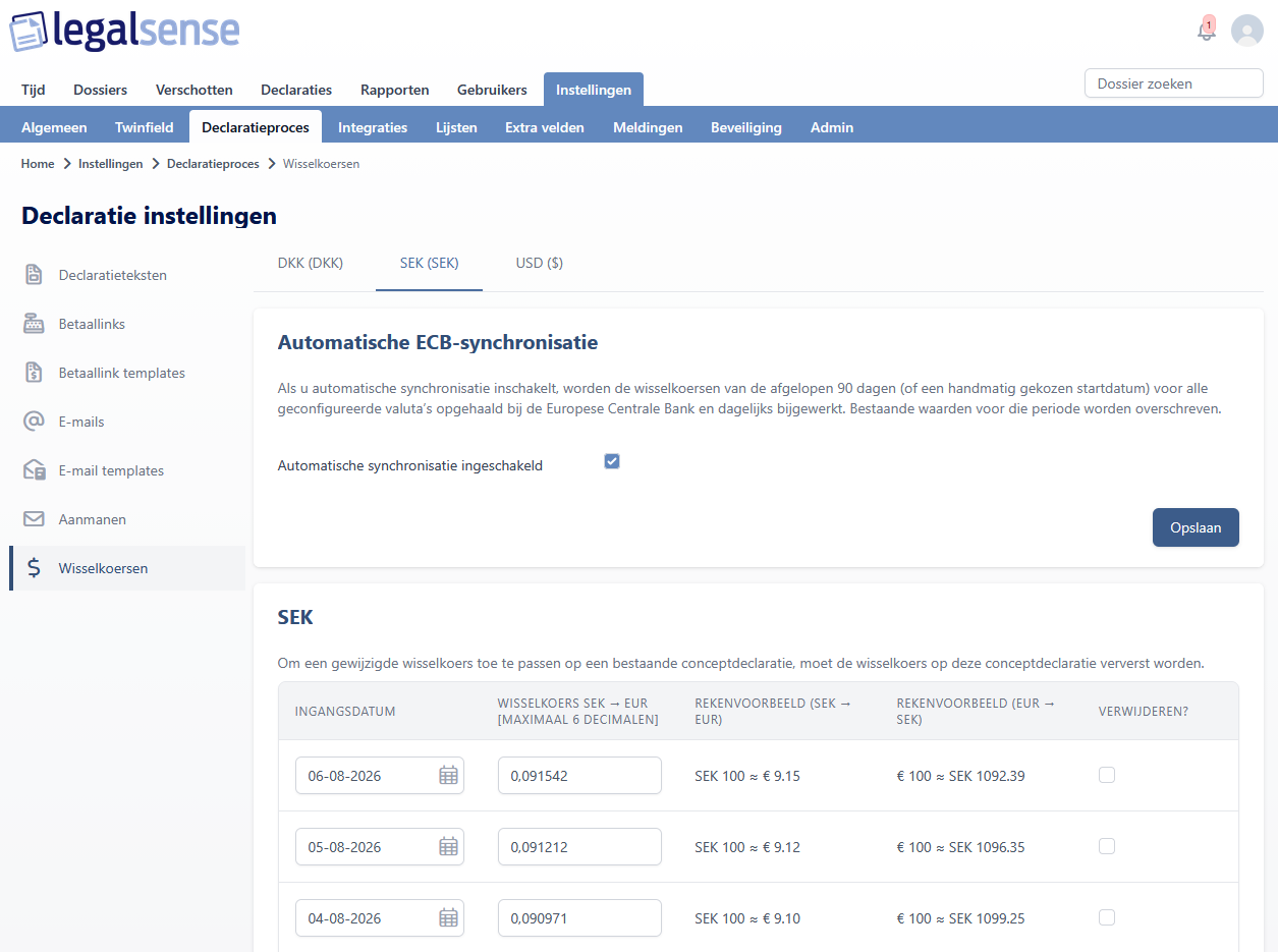 De pagina Wisselkoersen onder Instellingen → Declaratieproces, met automatische ECB-synchronisatie ingeschakeld en de dagelijkse SEK-koersen daaronder.