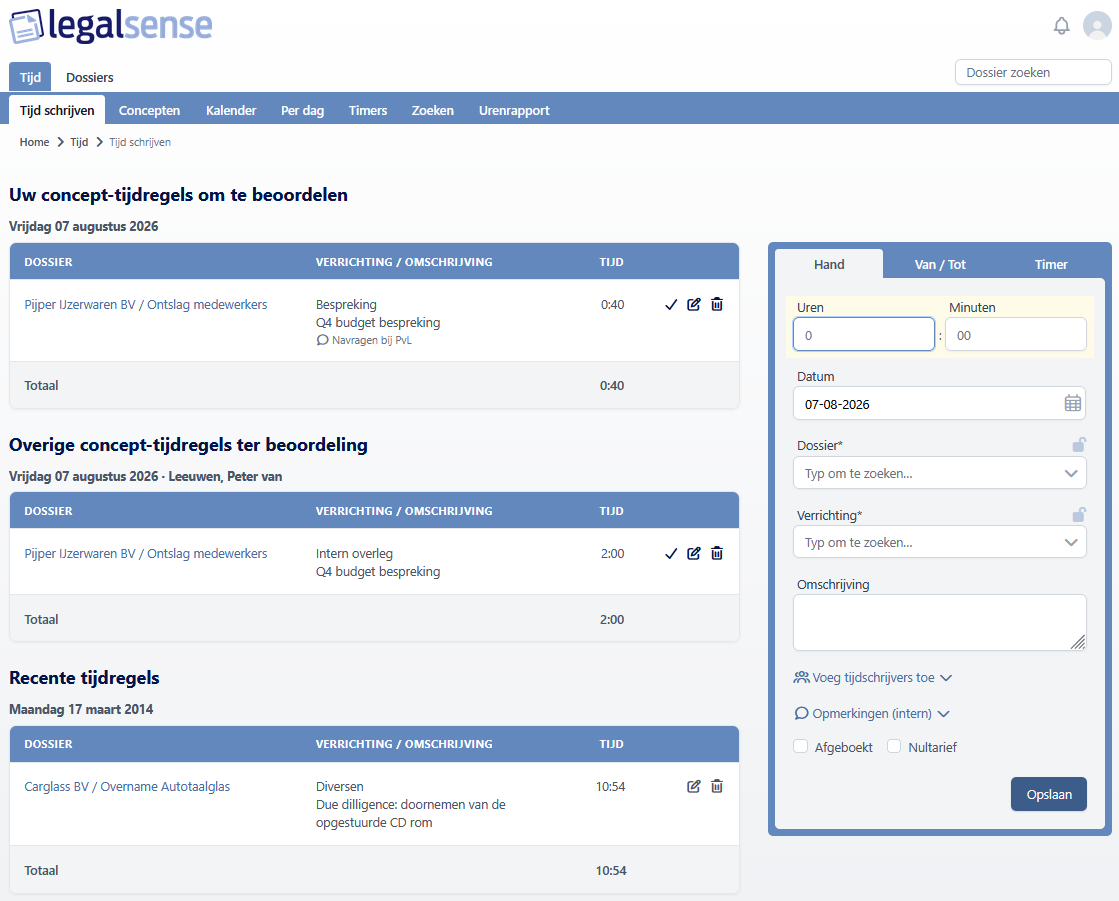 De pagina Tijd schrijven in de nieuwe vormgeving, met te beoordelen concept-tijdregels, recente tijdregels en het invoerformulier ernaast.