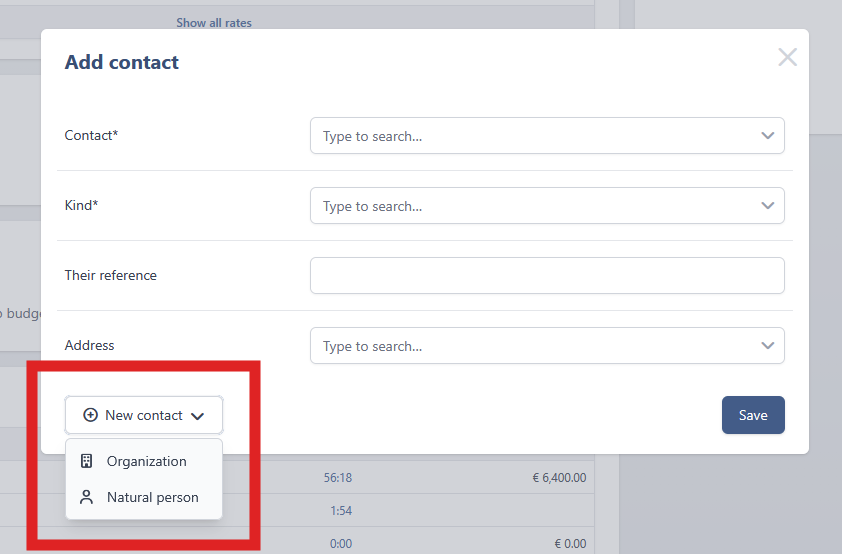 The Add contact dialog on a matter, with fields for contact, kind, their reference and address. At the bottom left the New contact dropdown is open, showing the options Organization and Natural person.