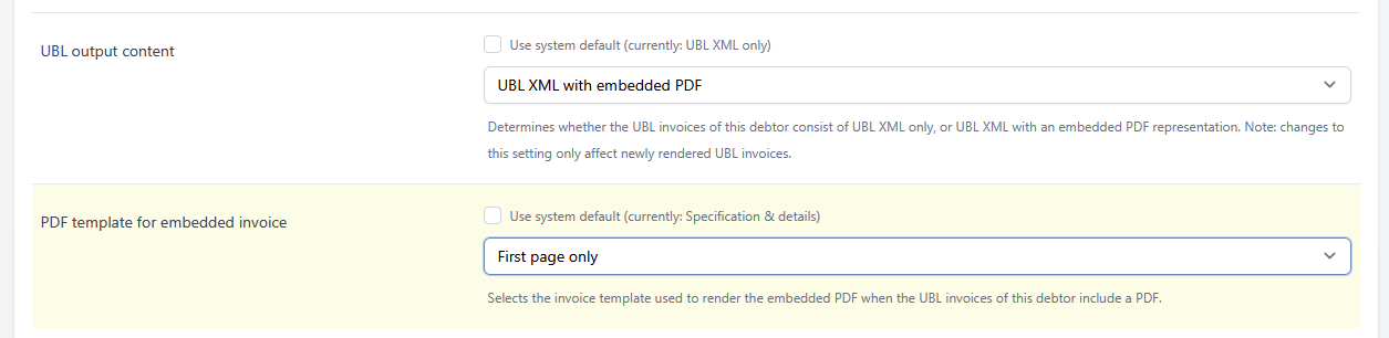 The UBL output content and PDF template for embedded invoice fields on a debtor. Each field has a Use system default checkbox naming the firm-wide value, above a dropdown. Here the output content is set to UBL XML with embedded PDF and the template to First page only.
