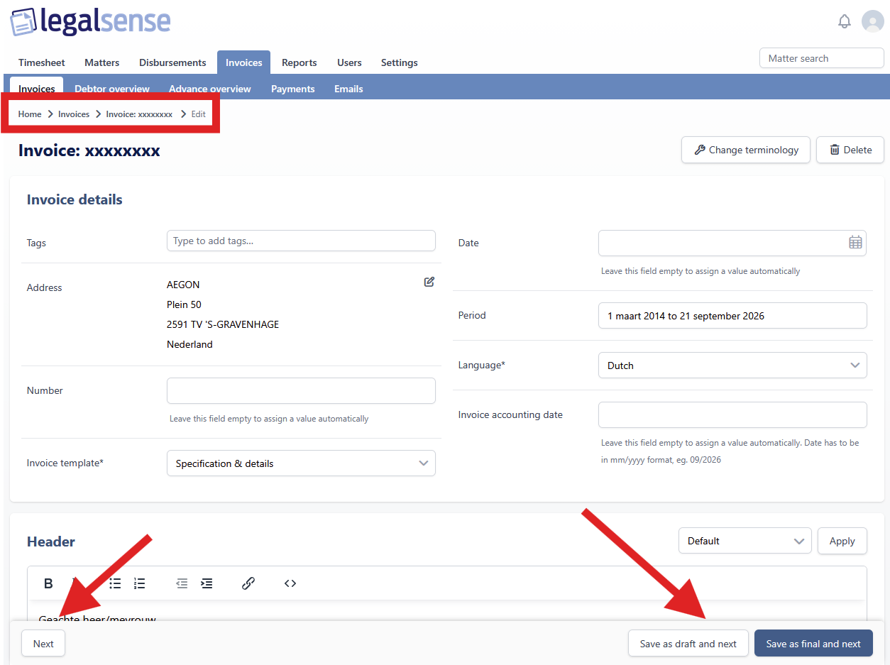 The invoice edit page in its updated styling, showing the invoice details card with tags, address, number, dates, language and invoice template, and the header text editor below it. The action bar at the bottom of the page holds Next on the left and Save as draft and next and Save as final and next on the right.