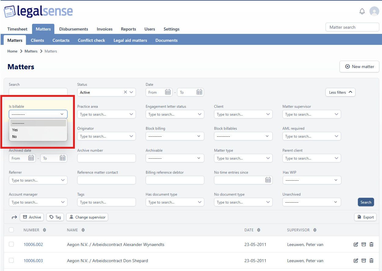 The matter list in Legalsense with the filter panel expanded. A red box highlights the Is billable filter, its dropdown open on the options Yes and No below the empty default. Below the filters is the list of matters, with columns for number, name, date and supervisor.