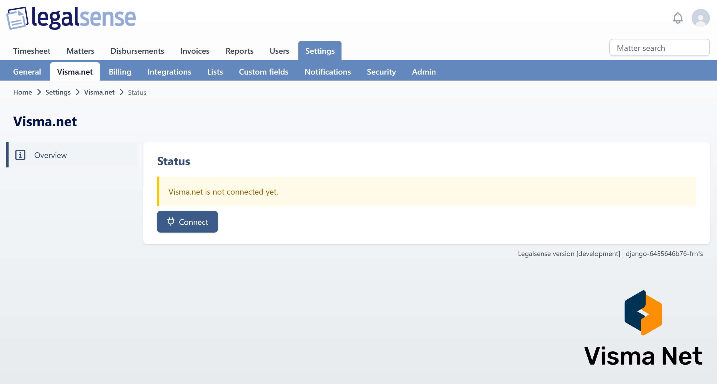 The Visma.net page in Legalsense settings, showing the connection status and a Connect button.