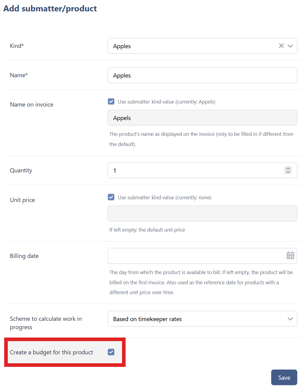 The Add submatter/product form, with the Create a budget for this product checkbox at the bottom, ticked.