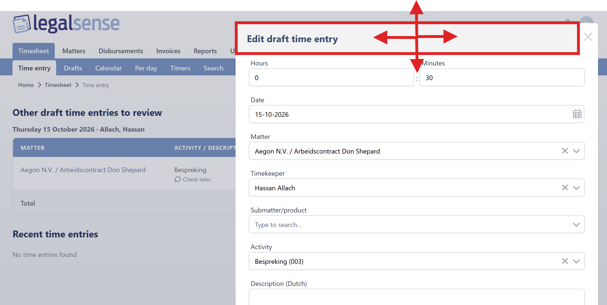 An Edit draft time entry pop-up with its top edge outlined and arrows pointing up, down, left and right.
