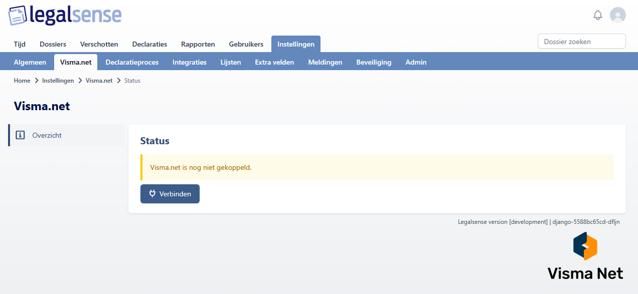 De pagina Visma.net in de instellingen van Legalsense, met de status van de koppeling en een knop om verbinding te maken.