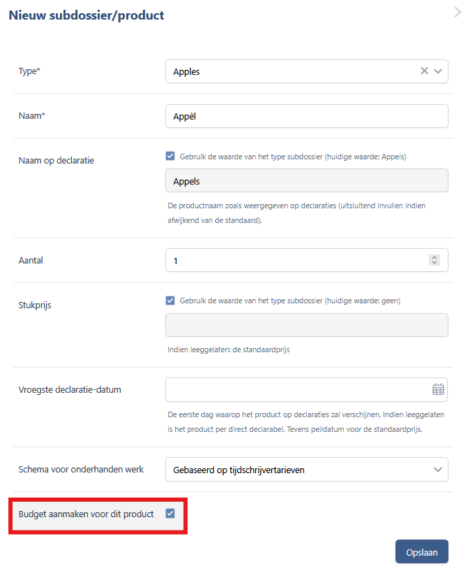 Het formulier Subdossier/product toevoegen, met onderaan het aangevinkte selectievakje Maak een budget voor dit product.