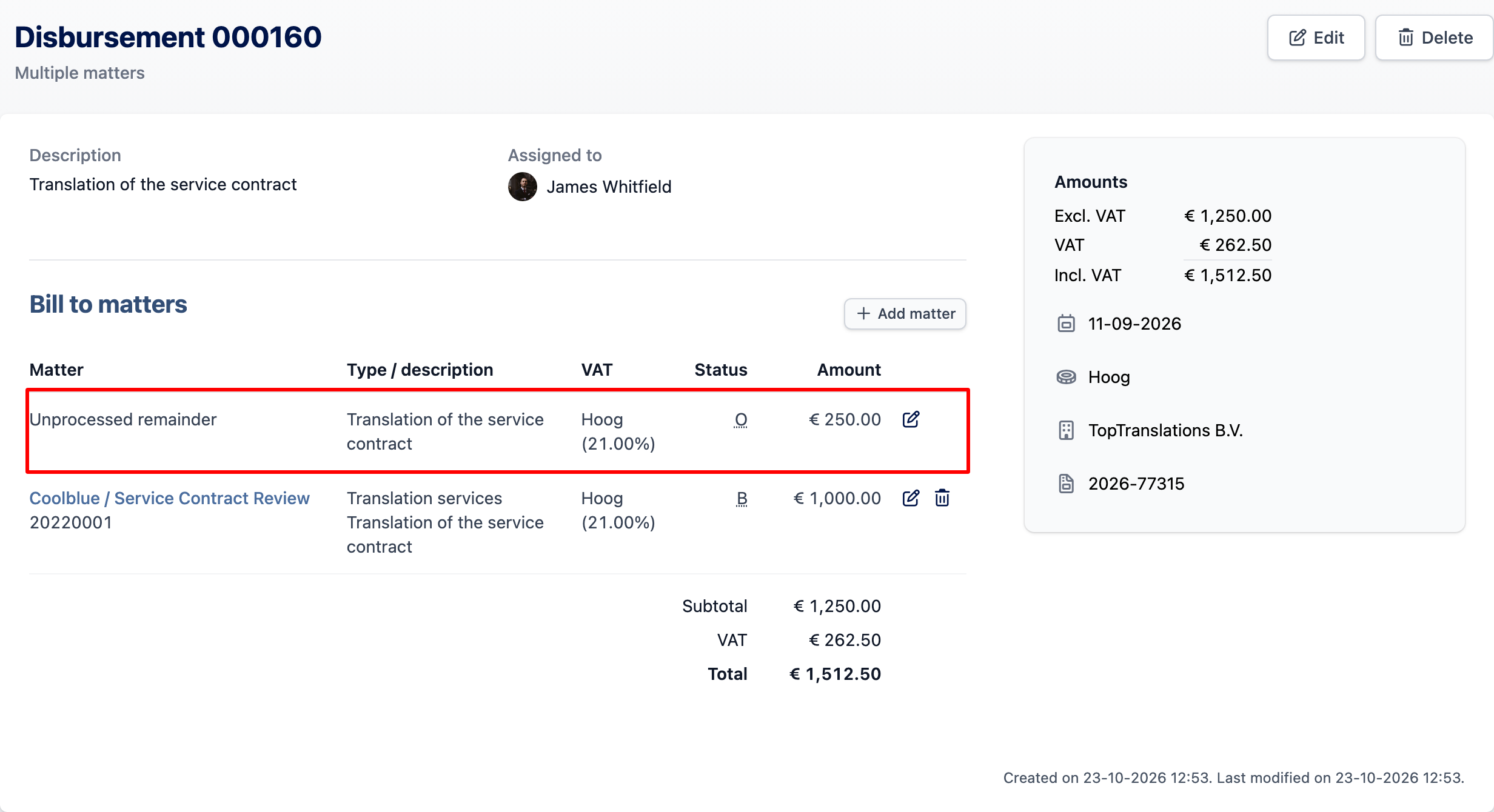 Disbursement detail page, showing the booking lines of the purchase invoice on the left and the purchase invoice details on the right.